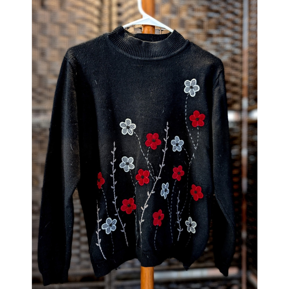 Vintage Alfred Dunner Womens Black Sweater Size S Red White Floral Embroidery